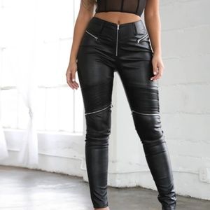 Black leather look biker pant